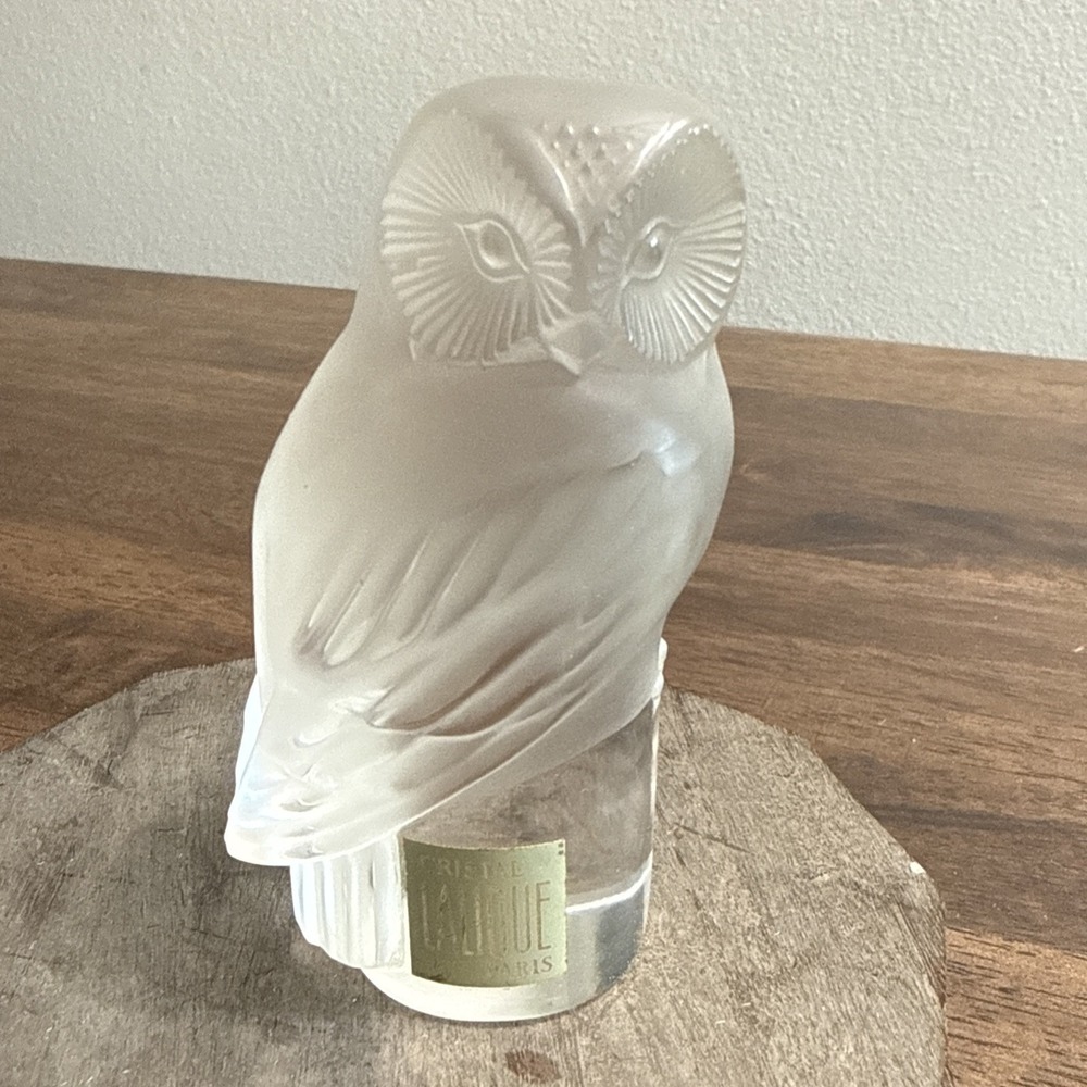 Lalique France 3.5"‎ Owl Frosted Crystal Paperweight Original Sticker Signed O17